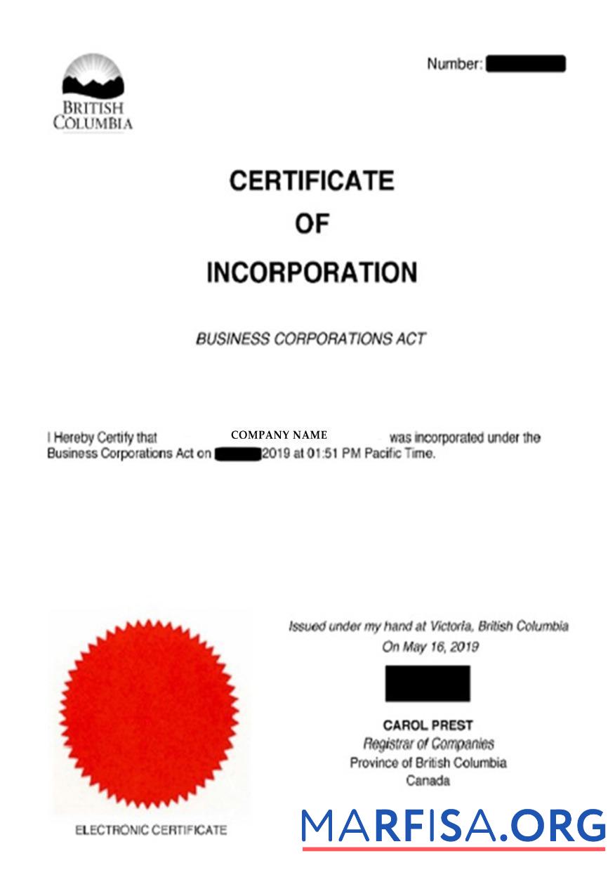 Printable Canada British Columbia certificate of incorporation example